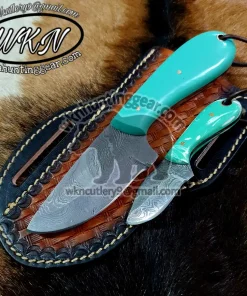 Custom Made Damascus Steel Fixed Blades Western Cowboy and Skinner knives Set With Custom Initial On The Blade and Sheath Just Write Your Initial In The Note...
