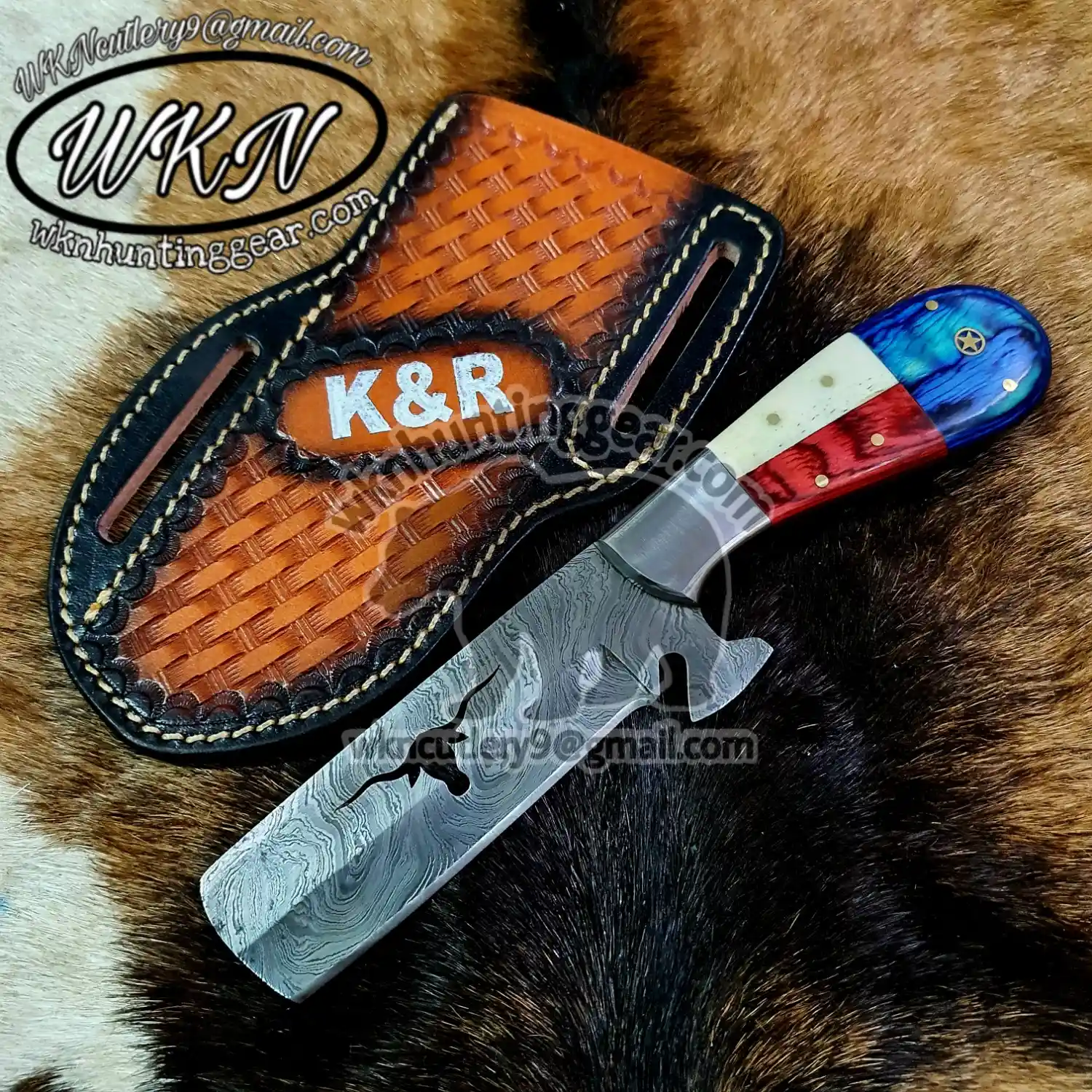 Custom Made Damascus Steel Fixed Blades Cowboy knife with Handmade Right  Hand Leather Sheath - WKN Hunting Gears