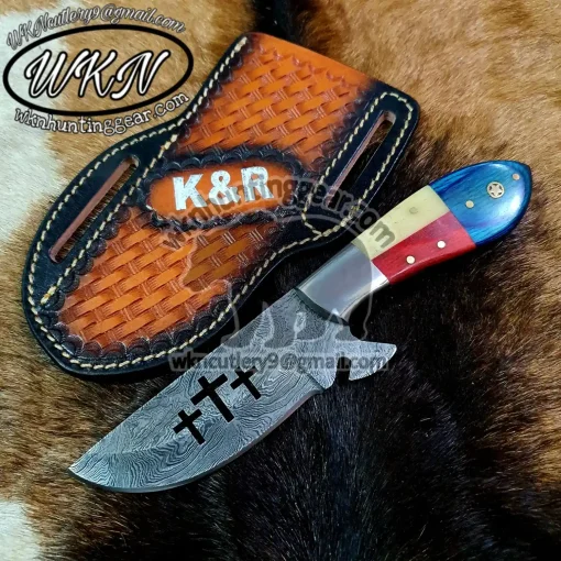 Black Smith Made of Damascus Steel Fixed Blade Cowboy and Skinner knife... With Custom initial on the Leather just write in the note...