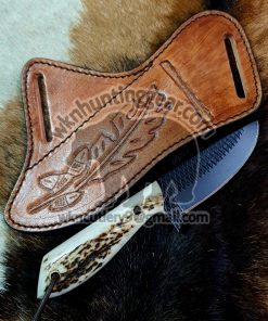 Custom Made Damascus Steel Fixed Blades Western Cowboy and Skinner knives set With Custom Initial On The Blade and Sheath Just Write Your Initial In The Note.