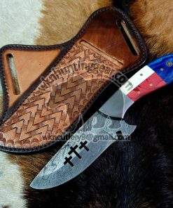Custom Made Damascus Steel Fixed Blade Western Cowboy and Skinner knives set With Custom Initial On The Blade and Sheath Just Write Your Initial In The Note.