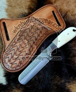 Custom Made Damascus Steel Fixed Blades Western Bull Cutter and Skinner knives set With Custom Initial On The Blade and Sheath Just Write Your Initial In The Note.