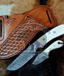 Custom Made Damascus Steel Fixed Blade Western Cowboy and Skinner knives Set With Custom Initial On The Blade and Sheath Just Write Your Initial In The Note.