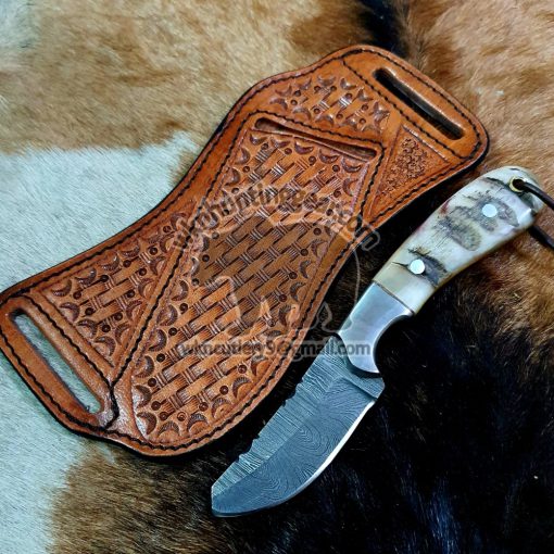 Custom Made Damascus Steel Fixed Blade Cowboy and Skinner knife... With Handmade Leather Sheath...
