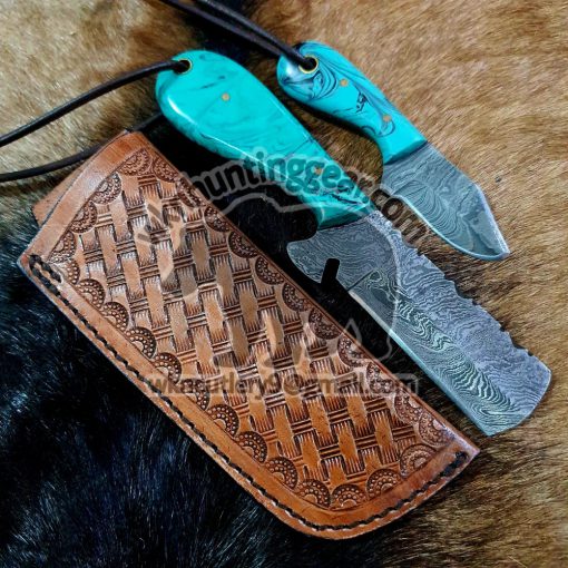 Custom Made Damascus Steel Fixed Blades Bull Cutter and Skinner knives set... With Handmade Leather Sheaths...