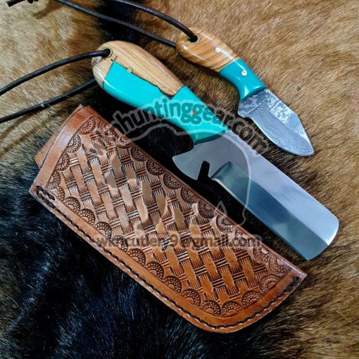 Custom Made J2 Stainless Steel Fixed Blades Bull Cutter and Skinner knives set... With Handmade Leather Sheaths...