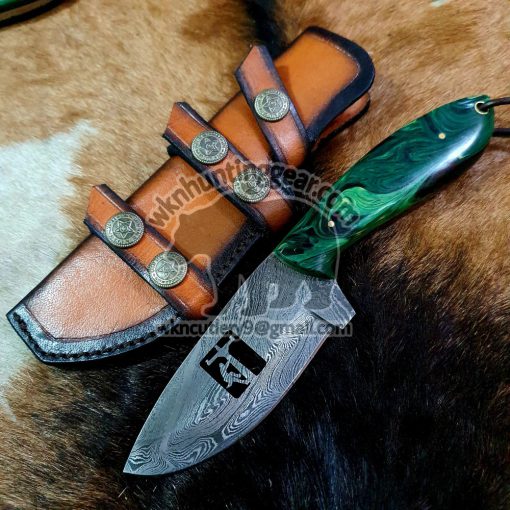 Custom Made Damascus Steel Fixed Blade Hawksbill Lineman and Skinner knife... With Horizontal Leather Sheath...