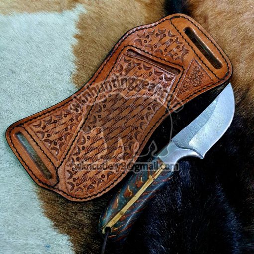 Custom Made Damascus Steel Fixed Blade western cowboy knife... with right handed sheath rast to back belt...