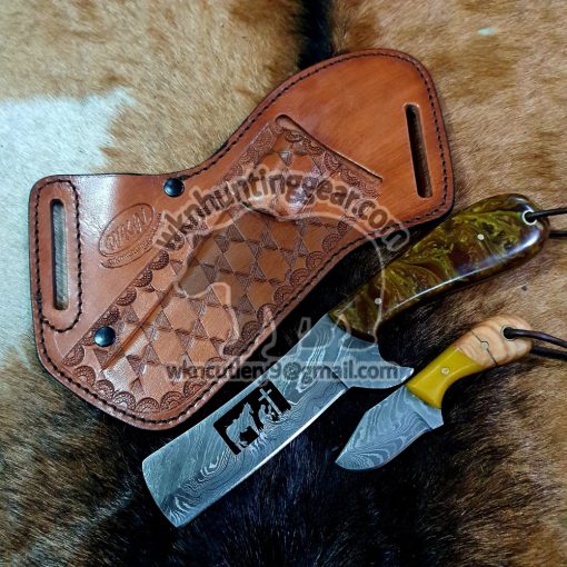 Custom Made Damascus Steel Fixed Blades western bull cutter and skinner knives set... the sheath hold both knives...