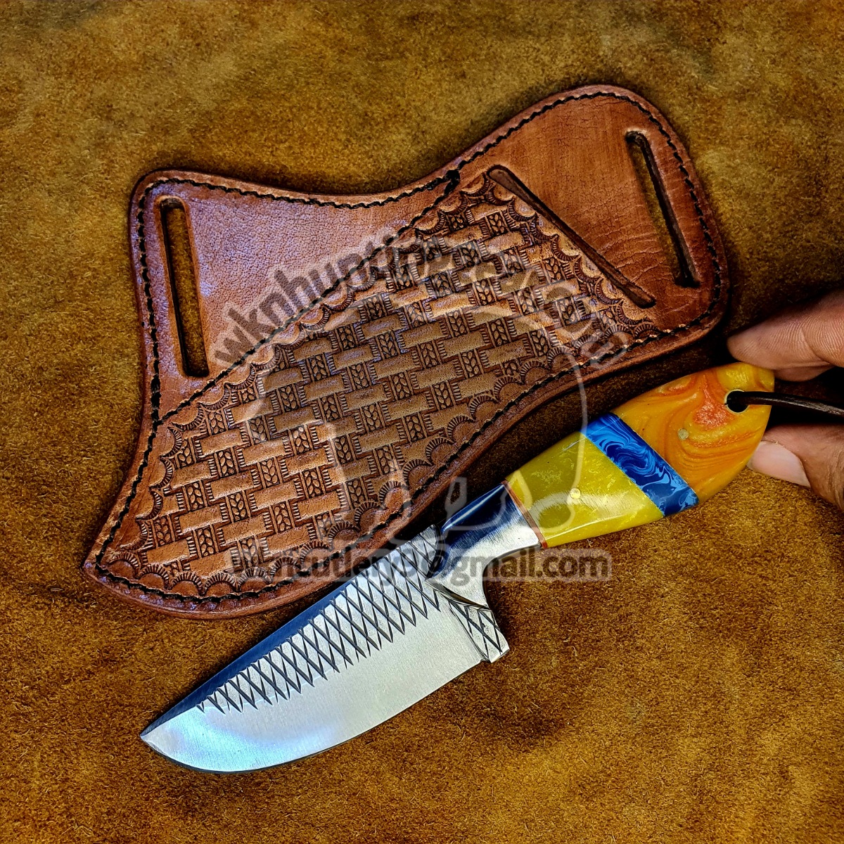 Custom Made Damascus Steel Fixed Blades Cowboy knife with Handmade Right  Hand Leather Sheath - WKN Hunting Gears