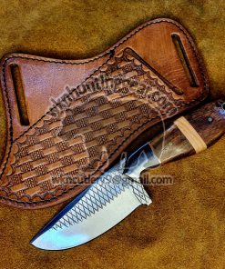 Custom Made Damascus Steel Fixed Blade Western Cowboy and Skinner knives Set With Custom Initial On The Blade and Sheath Just Write Your Initial In The Note.