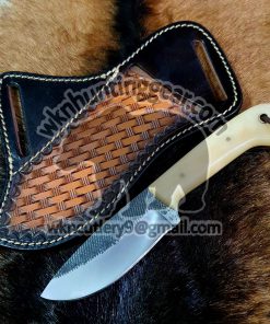 Custom Made Damascus Steel Fixed Blade Gut Hook Skinner knife... With Horizontal Leather Sheath...