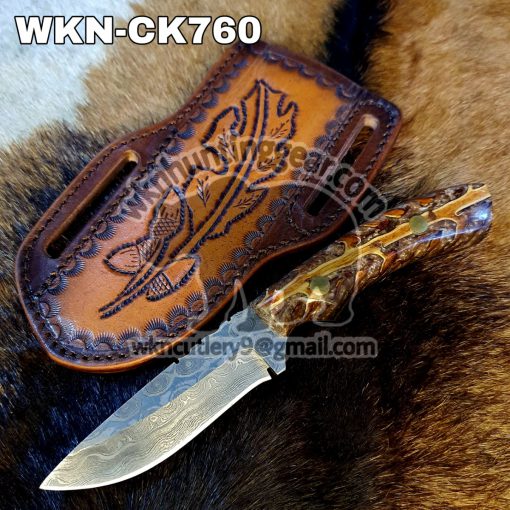 Custom Made Damascus Steel western cowboy knife. With pancake Leather Sheath.