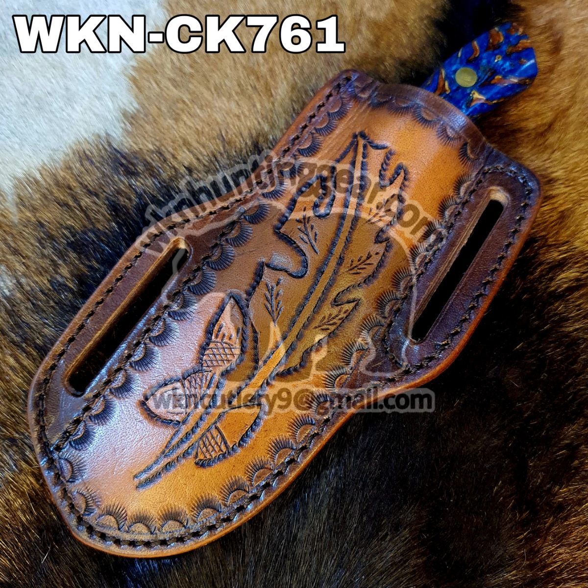 Custom Made Damascus Steel western cowboy knife. With Pancake Leather