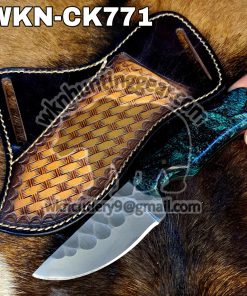 Custom Made Damascus Steel Fixed Blade Western Cowboy and Skinner knives set With Custom Initial On The Blade and Sheath Just Write Your Initial In The Note.