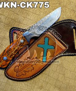 Custom Made Damascus Steel Fixed Blades Cowboy knife with Handmade Right  Hand Leather Sheath - WKN Hunting Gears