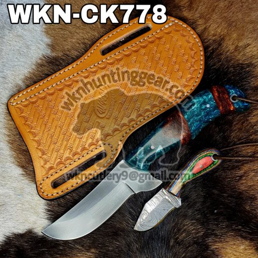 Custom Made 1095 High Carbon Steel Fixed Blades Cowboy and Skinner knives set. With Left Handed Sheath To Rast On Back Belt.