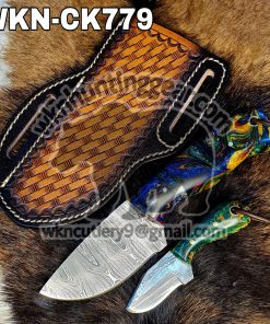 Custom Made Damascus Steel Fixed Blades Cowboy knife with Handmade Right  Hand Leather Sheath - WKN Hunting Gears