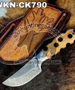 Custom Made Damascus Steel Fixed Blades Cowboy knife with Handmade Right  Hand Leather Sheath - WKN Hunting Gears