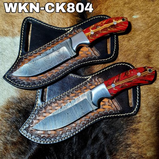 BOGO Offer. Custom Made Damascus Steel Fixed Blades Cowboy and Skinner knives set. With Right Handed Sheaths To Rest On Back Belt.
