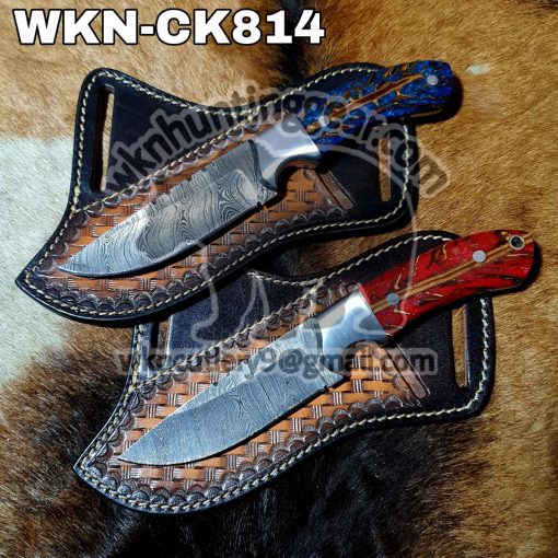 BOGO OFFER. Custom Made Damascus Steel Fixed Blades Cowboy and Skinner knives set. With Right Handed Sheaths To Rest On Back Belt.