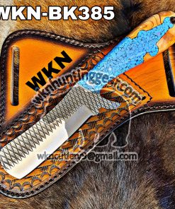 Custom Made Damascus Steel Fixed Blade Western Cowboy and Skinner knives set With Custom Initial On The Blade and Sheath Just Write Your Initial In The Note.