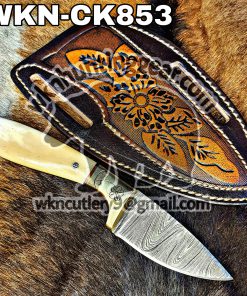 Custom Made Damascus Steel Fixed Blade Western Cowboy and Skinner knives set With Custom Initial On The Blade and Sheath Just Write Your Initial In The Note.