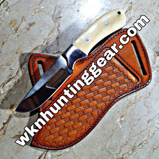 Custom Made D2 Stainless Steel Fixed Blade Western Cowboy and Skinner knife. With Right Handed Sheath To Rest On Back Belt.