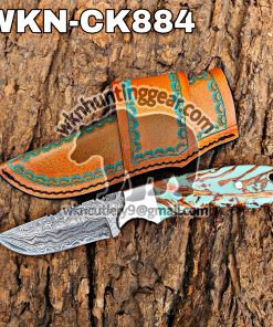 Custom Made Damascus Steel Fixed Blades Western Cowboy and Skinner knives set With Custom Initial On The Blade and Sheath Just Write Your Initial In The Note.