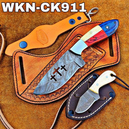 Custom Made Damascus Steel Fixed Blade Western Cowboy and Skinner knives set With Custom Initial On The Blade and Sheath Just Write Your Initial In The Note.