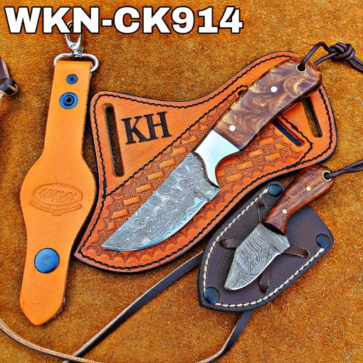 Custom Made Damascus Steel Fixed Blade Western Cowboy and Skinner knives set. What Custom Initial On The Blade and Sheath Just Write Your Initial In The Note..
