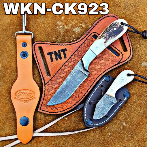 Custom Made Damascus Steel Fixed Blades Western Cowboy and Skinner knives set With Custom Initial On The Blade and Sheath Just Write Your Initial In The Note...
