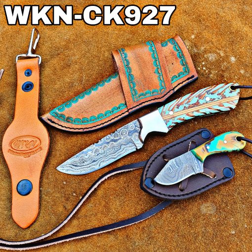 Custom Made Damascus Steel Fixed Blades Western Cowboy and Skinner knives Set...