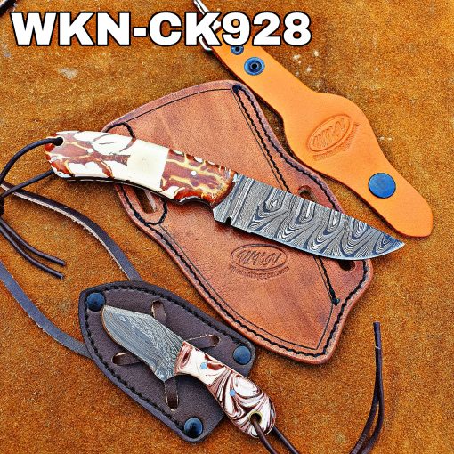 Custom Made Damascus Steel Fixed Blades Western Cowboy and Skinner knives Set. With Custom Initial On The Blade and Sheath Just Write Your Initial In The Note...