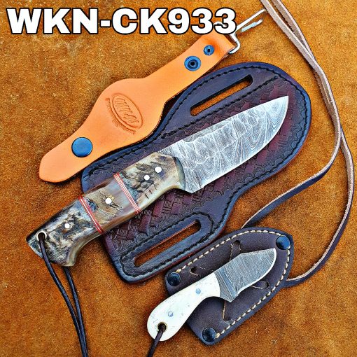 Custom Made Damascus Steel Fixed Blades Western Cowboy and Skinner knives Set. Left Handed Sheath To Rest On Back Belt...