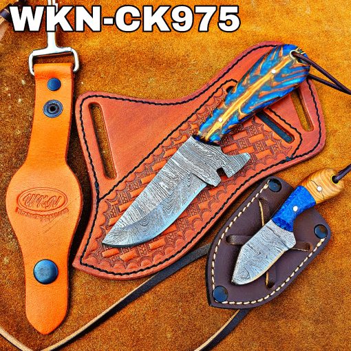 Custom Handmade knives Damascus Steel Fixed Blades Western Cowboy and Skinner knives set With Custom Initial On The Blade and Sheath Just Write Your Initial In The Note...