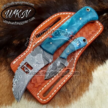 Custom Made Damascus Steel Fixed Blade Hawkbill Lineman and Skinner knives set...