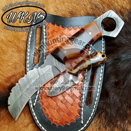 Custom Made Damascus Steel Fixed Blades Hawksbill Lineman and Skinner knives set...
