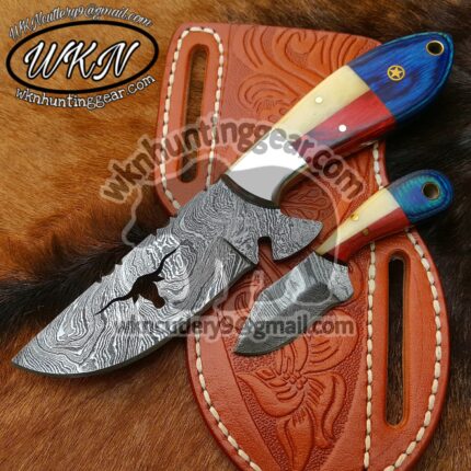 Custom Made Damascus Steel Fixed Blades Cowboy and Skinner knives set...