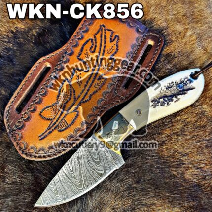 Custom Made Damascus Steel Fixed Blade Western Cowboy knife. With Pancake Leather Sheath.