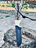 Custom Made Damascus Steel Fixed Blade Western Cowboy and Skinner knife. With Right Handed Sheath To Rest On Back Belt.