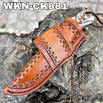 Custom Made Damascus Steel Fixed Blade Western Cowboy and Skinner knife. With Right Handed Sheath To Rest On Back Belt. - Image 3