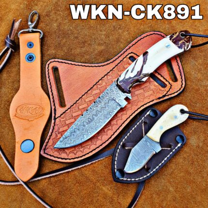 Custom Made Damascus Steel Fixed Blades Western Cowboy and Skinner knives set. With Custom Initial On the Blade and Sheath Just Write Your Initial In The Note.