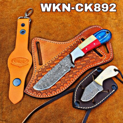 Custom Made Damascus Steel Fixed Blades Western Cowboy and Skinner knives set. With Custom Initial On The Blade and Sheath Just Write Your Initial in The Note.