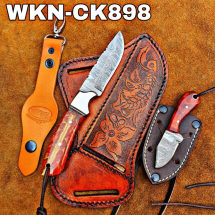 Custom Made Damascus Steel Fixed Blades Western Cowboy and Skinner knives set. With Custom Initial On The Blade and Sheath Just Write Your Initial In The Note .
