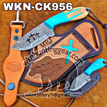 Custom Handmade knives Damascus Steel Fixed Blades Western Cowboy and Skinner knives Set With Custom Initial On The Blade And Sheath Just Write Your Initial In The Note...