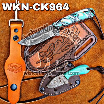 Custom Handmade knives Damascus Steel Fixed Blades Western Cowboy and Skinner knife. With Pancake Leather Sheath.