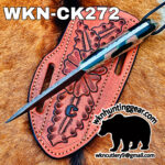 Hunting knife with leather sheath over a fur background; shows tag WKN-CK272 and contact info for wkncutlery@gmail.com