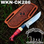 RB branded fixed-blade knife with a patterned steel blade and red-blue handle beside a brown leather sheath on a tree stump; outdoors.