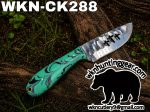 Teal marbled-handled fixed-blade knife resting on a log, blade with a metallic pattern; top text reads WKN-CKK288, plus a black bear silhouette and the watermark wkncutlery@gmail.com with wknhuntinggear.com